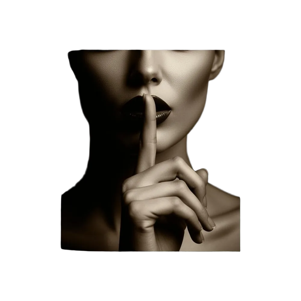 Sepia portrait of a woman with dark lips holding a finger to her mouth, signaling silence
